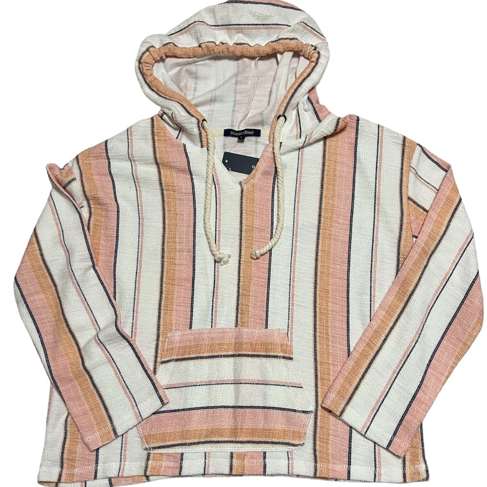 NWT Ocean Drive Hoodie White & Peach Stripes Large Surfer Pullover Top